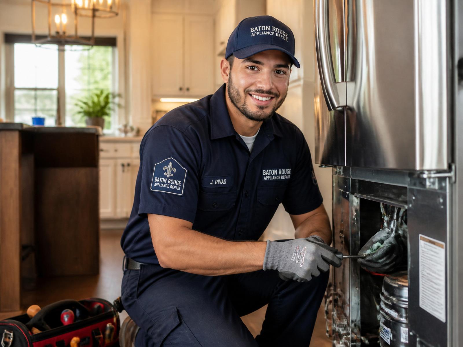 1 Hour Appliance technician repairing a refrigerator in a Baton Rouge kitchen